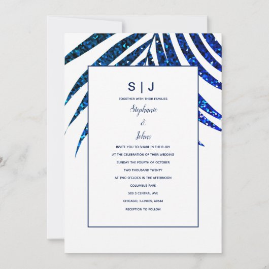 Palm Leaf Navy Blue Glitzer Tropical Wedding Einladung (Vorderseite)
