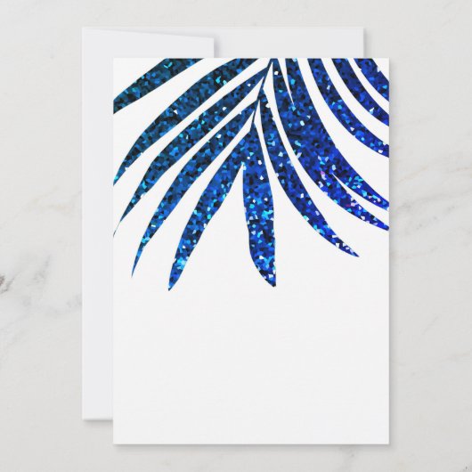 Palm Leaf Navy Blue Glitzer Tropical Wedding Einladung (Rückseite)