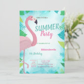 Palm Leaf, Pink Flamingo, Summer Birthday Party Einladung (Stehend Vorderseite)