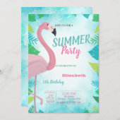 Palm Leaf, Pink Flamingo, Summer Birthday Party Einladung (Vorne/Hinten)