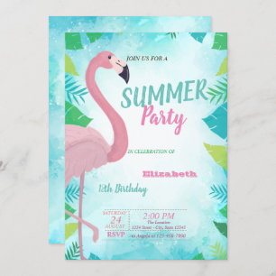 Palm Leaf, Pink Flamingo, Summer Birthday Party Einladung