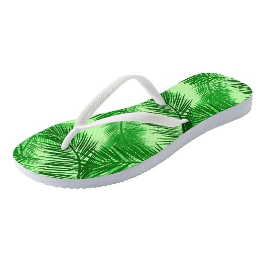 Palm Leaf Print, Emerald und Light Lime Green Badesandalen (Schrägansicht)