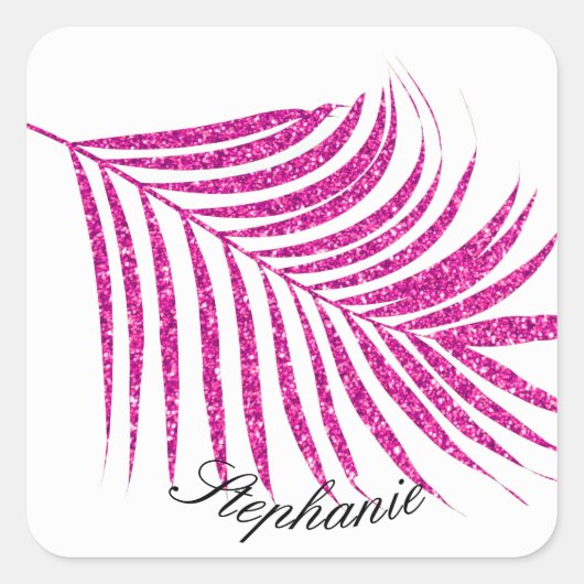 Palm Leaf Rosa Glitzer Individuelle Name Niedlich  Quadratischer Aufkleber (Vorderseite)