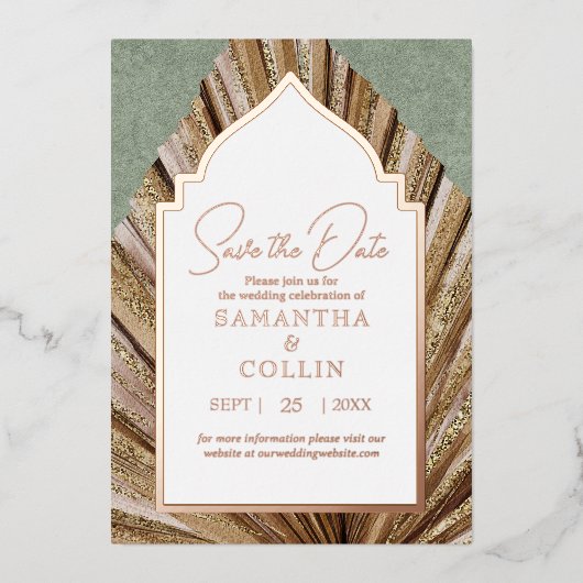 Palm Leaf Sage Green Save the Date Folieneinladung (Vorderseite)