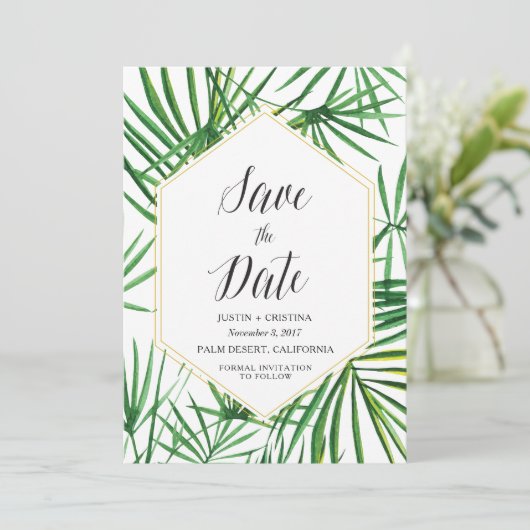 Palm Leaf Save the Date (Stehend Vorderseite)