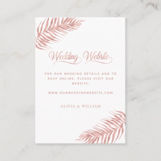 Palm Leaf Tropical Rose Gold White Wedding Website Begleitkarte (Vorderseite)