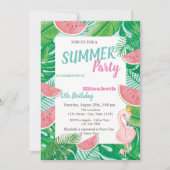 Palm Leaf Watermelon Pink Flamingo Birthday Party Einladung (Vorderseite)