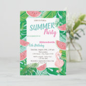 Palm Leaf Watermelon Pink Flamingo Birthday Party Einladung (Stehend Vorderseite)