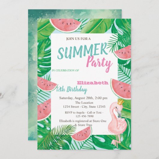 Palm Leaf Watermelon Pink Flamingo Birthday Party Einladung (Vorne/Hinten)