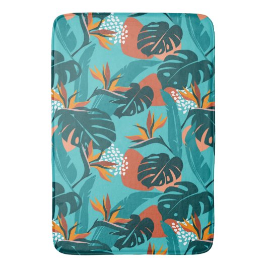 Palm leaves and hibiscus flower tropical pattern badematte (Vorderseite Vertikal)