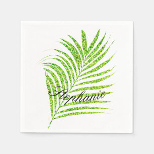 Palm Leaves Glittery Green Custom Name Cute Serviette