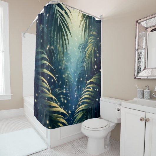Palm leaves sparkled by moonshine and fireflies duschvorhang (Beispiel)