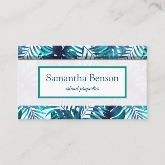 Palm Leaves Tropical Island Green & White Square B Visitenkarte (Vorderseite)