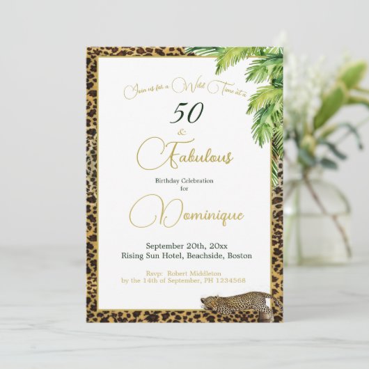 Palm Leopard Print Wild Birthday Einladung (Stehend Vorderseite)