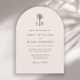 Palm Logo Elegant Arch Tropical Monogram Wedding Einladung