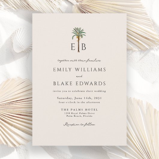 Palm Logo Elegant Tropical Monogram Wedding Einladung