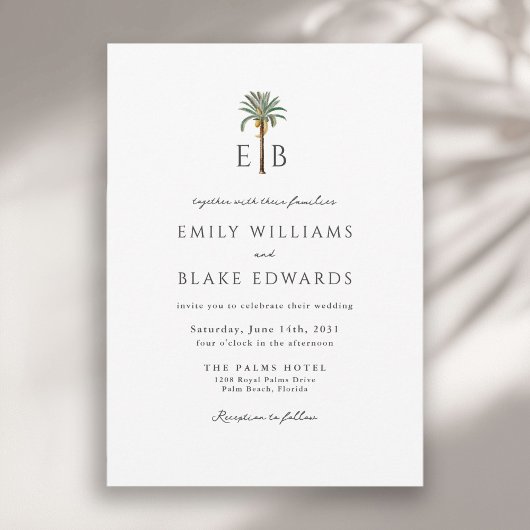 Palm-Logo Elegantes Tropisches Monogramm-Hochzeit Einladung
