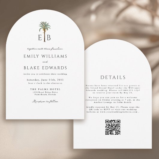Palm Monogram Elegant Arch Tropical Wedding QRCode Einladung