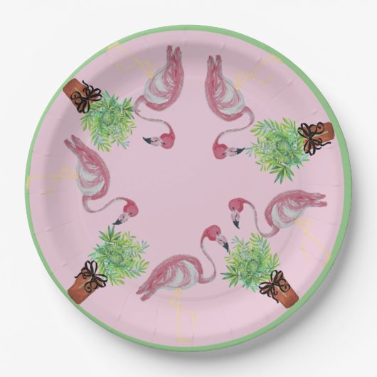 Palm Pink Flamingo Flamingos Terra Cotta Pots Pappteller (Vorderseite)