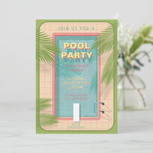 Palm Pool Party Einladung (Stehend Vorderseite)