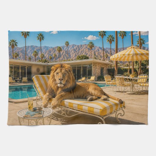 Palm Springs 1950 Poolside-Löwe entspannt Geschirrtuch (Horizontal)