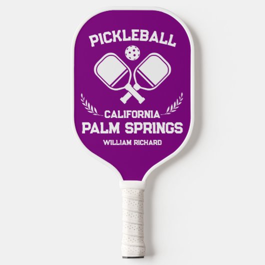 Palm Springs California Lila und weiß Pickleball Schläger (Vorderseite)