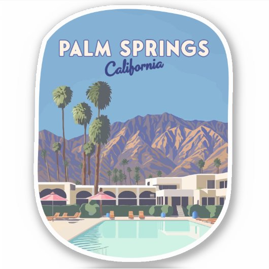 Palm Springs California Pool Hotel Trees Retro Aufkleber (Vorderseite)