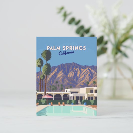 Palm Springs California Pool Hotel Trees Retro Postkarte (Stehend Vorderseite)
