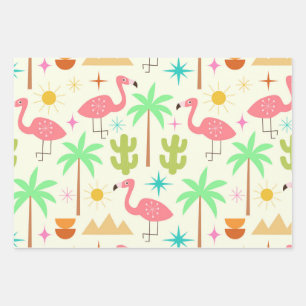 Palm Springs Flamingo im Mid-Century Stil mit Bäum Geschenkpapier Set