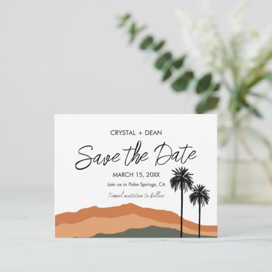 Palm Springs Modern Save the Date Postcard tan/olv Postkarte (Stehend Vorderseite)