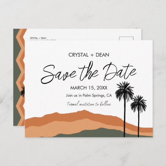 Palm Springs Modern Save the Date Postcard tan/olv Postkarte (Vorne/Hinten)