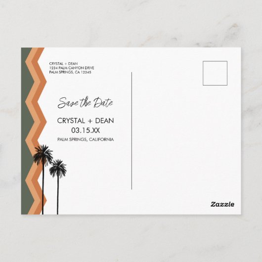 Palm Springs Modern Save the Date Postcard tan/olv Postkarte (Rückseite)