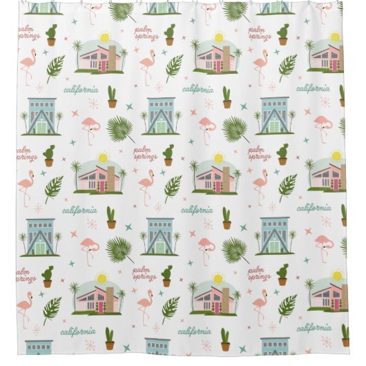 Palm Springs Pink House Cactus Flamingo Pattern Duschvorhang (Vorderseite)