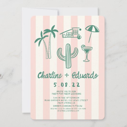 Palm Springs Rosa Handgezeichnete Hochzeit Einladung (Vorderseite)