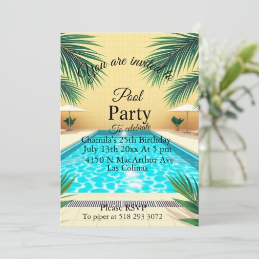 Palm Springs Sommer-Poolparty Pink Geburtstag Einladung (Stehend Vorderseite)