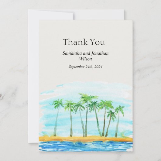 Palm Tree and Beach Wedding Danke Karte (Vorderseite)