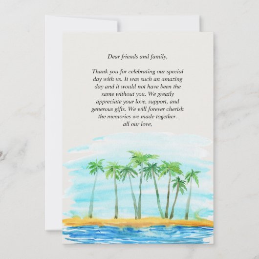 Palm Tree and Beach Wedding Danke Karte (Rückseite)