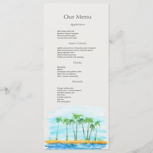 Palm Tree and Beach Wedding Dinner Menu Menükarte (Vorderseite)