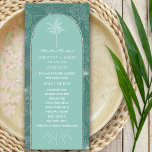 Palm Tree Aqua Beach Wedding Menükarte<br><div class="desc">Eine Kunstdarstellung von Palmen-Blätter in weißer Linie über Aqua-grünem Hintergrund mit weißem Text und Palmen-Design über Aqua-Bogen mit Bräunungsrahmen.</div>