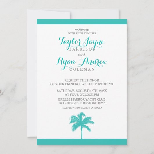 Palm Tree Aqua Gray Wedding Einladung (Vorderseite)