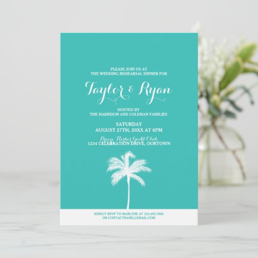 Palm Tree Aqua Hochzeit Probe Abendessen Einladung (Stehend Vorderseite)