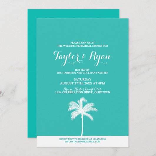 Palm Tree Aqua Hochzeit Probe Abendessen Einladung (Vorne/Hinten)