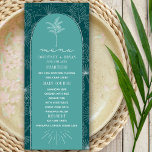 Palm Tree Aquamarin Beach Wedding Menükarte<br><div class="desc">Eine Kunstdarstellung von Palmblättern auf aquamarinem,  grünem Hintergrund mit weißem Blätter und Palmenbaumdesign über aquamarinem Bogen mit bräunlicher Kante.</div>