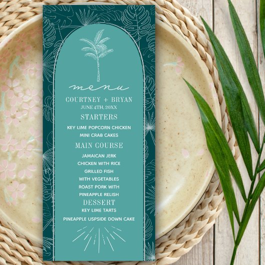 Palm Tree Aquamarin Beach Wedding Menükarte