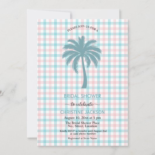 Palm Tree Azure Pink Checkered QR Code Bridal Einladung (Vorderseite)