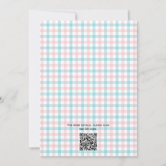 Palm Tree Azure Pink Checkered QR Code Bridal Einladung (Rückseite)