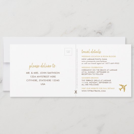 Palm Tree Beach Boarding Pass Einladung Hochzeit (Rückseite)