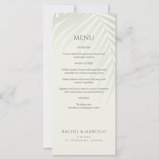 Palm Tree Beach Coastal Wedding Menu (Vorderseite)
