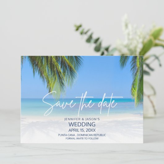 Palm Tree Beach Destination Wedding  Save The Date (Stehend Vorderseite)
