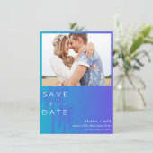 Palm Tree Beach Foto Wedding Save The Date (Stehend Vorderseite)
